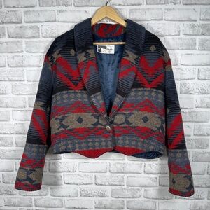 Rhonda Stark Southwestern Wool Blend Jacket Coat Aztec Blanket USA Made L